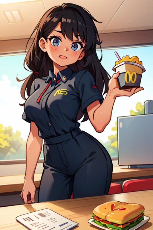 1 girl working at McDonalds, McDonalds black uniform, McDonald&#39;s hat&#39, headphones, (Alone:1.1), tanyadegurechaff, Blue eyes, by rubio, spiky hair, standing, looking at the viewer, straight, crazy eyes, Crazy smile,