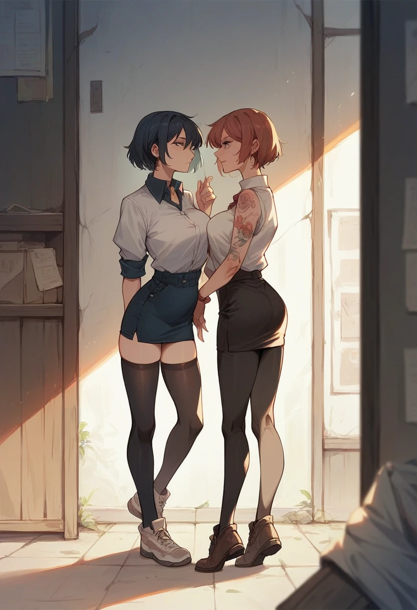 2 girls, office, (standing:1.1), 22-year-old, (Small breasts:1.3),(skinny:1.2),(short sleeve blue sweater:1.2),AKB48,nogizaka46,smile,beautiful girl,highest quality,High resolution,be familiar with,perfect anatomy,beautiful and fine eyes,office Chair,office Desk,laptop,bob cut,(smile:1.2),(open legs:1.3),(fullnude:1.8),(show pussy:1.6),(cowboyshot:1.2),