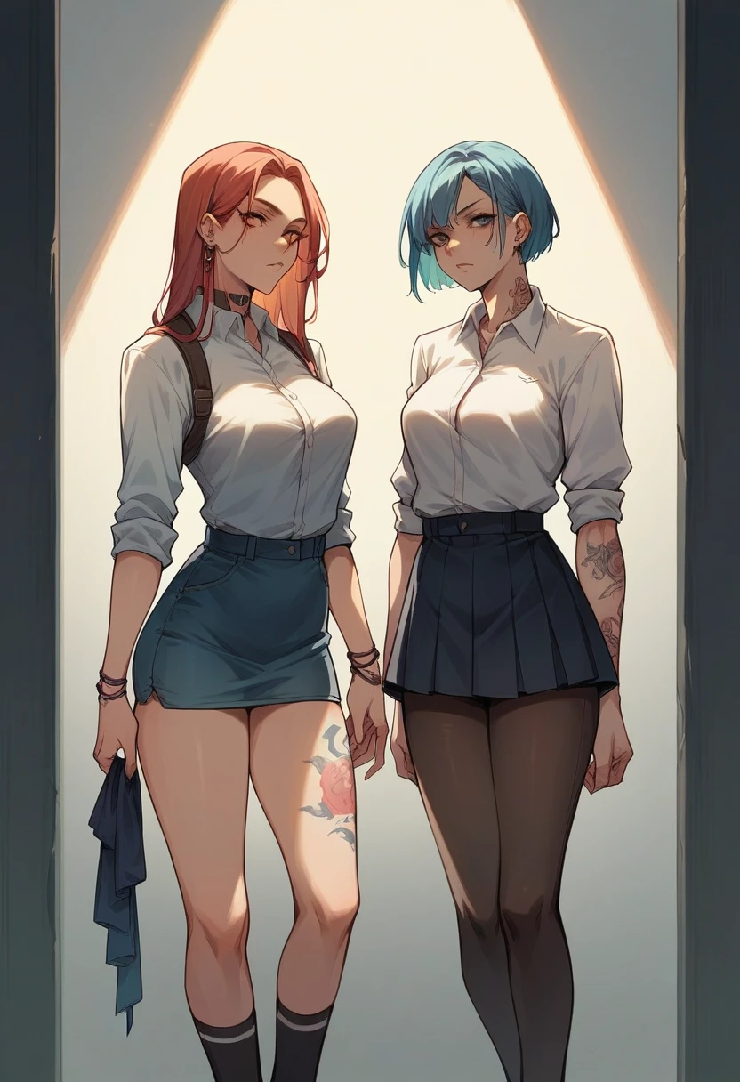two women in short skirts standing next to each other in a room with a wall and a white wall, transgressive arti, a tattoo, fully clothed