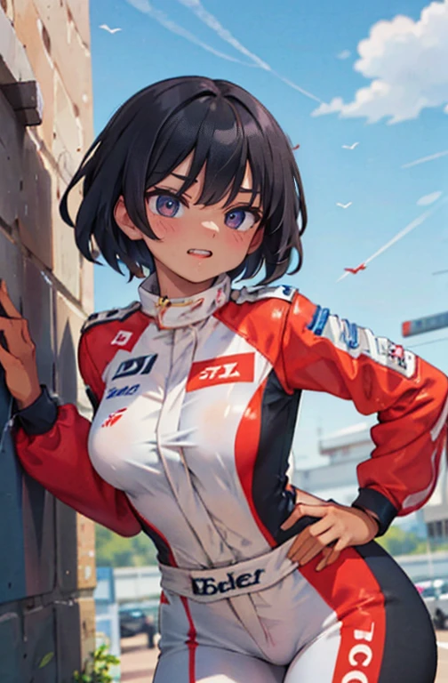 (work of art, best qualityer, hires, high resolution:1.2), (comely, Aesthetics, perfect, dainty, intricate:1.2), (Depth of field:1.2), (1 girl, standing alone), ( woman), (darkskin, skin black, ebony:1.4), (a sexy rng driver leaning against the wall), (fleshy lips, Glossy lips), (shorth hair), (smiling), (racing driver uniform), (cowboy shot),