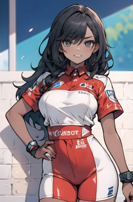 (work of art, best qualityer, hires, high resolution:1.2), (comely, Aesthetics, perfect, dainty, intricate:1.2), (Depth of field:1.2), (1 girl, standing alone), (mature woman), (darkskin, skin black, ebony:1.4), (a sexy racing driver leaning against the wall), (fleshy lips, Glossy lips), (shorth hair), (smiling), (racing driver uniform), (cowboy shot),