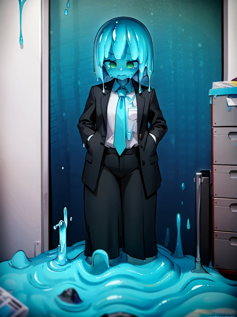 (slime girl, masculine face, short hair), {office background}, {{tie, shirt, slime business suit}}, horrified, {slime creature, rainbow slime, slime girl, slime transformation},