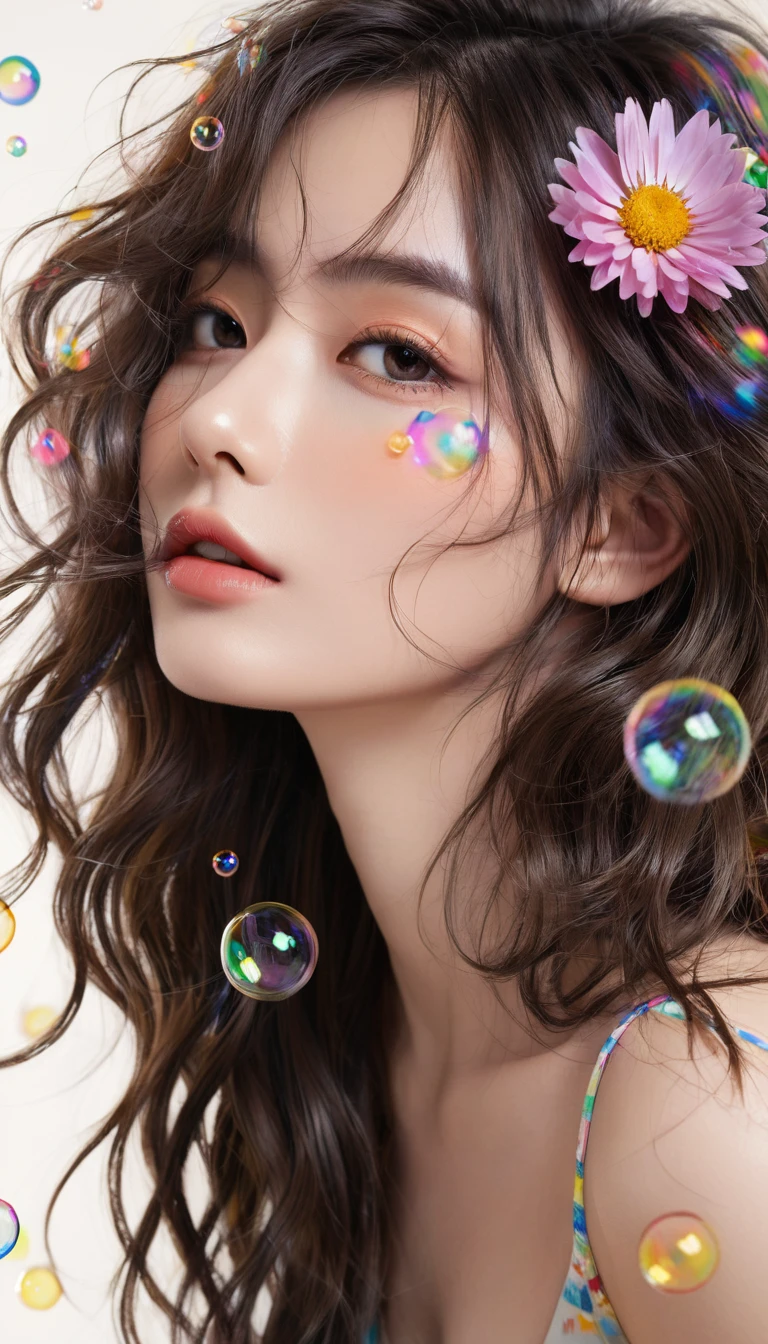 (masterpiece), (best quality), (Extremely detailed),(Messy hair),(illustration), (1 person), permanent, fashion model, Looking at the audience, (interview), (Detailed background),Beautiful and delicate eyes, Delicate and beautiful face, floating,(High Saturation),(Colorful splash),Colored bubbles,(shining), Focus on the face, Floating flowers, Floating hair, (shining), Optimal lighting, The best shadow, Only 1 bad