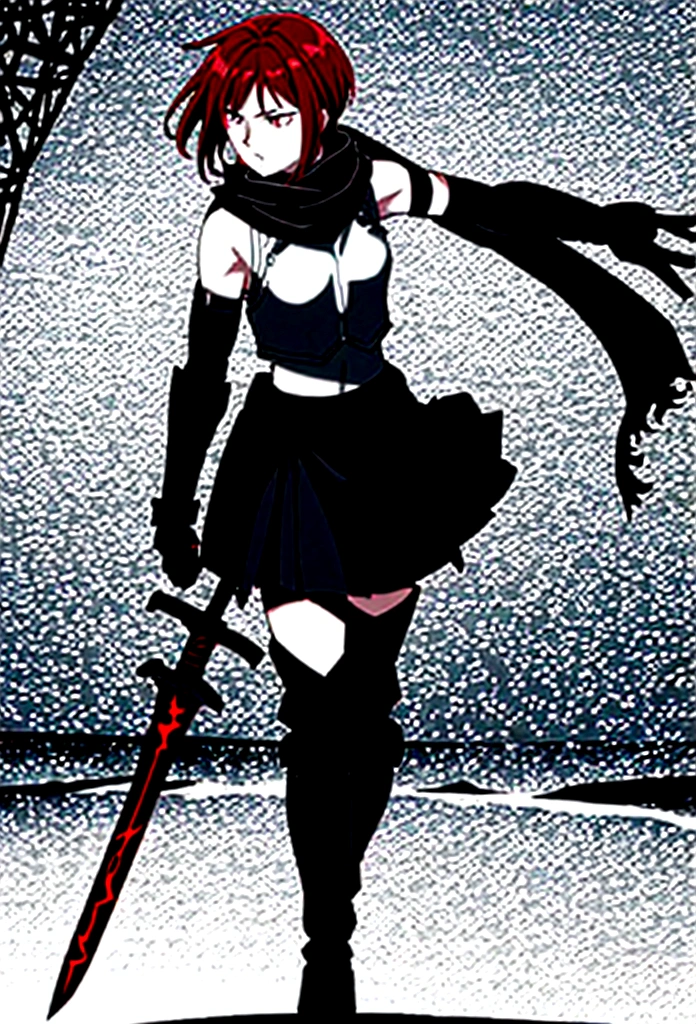 Warrior Girl, short red hair with, black torso sleeveless armor with a scarf, long black metal boots, white skirt, with a short Sword