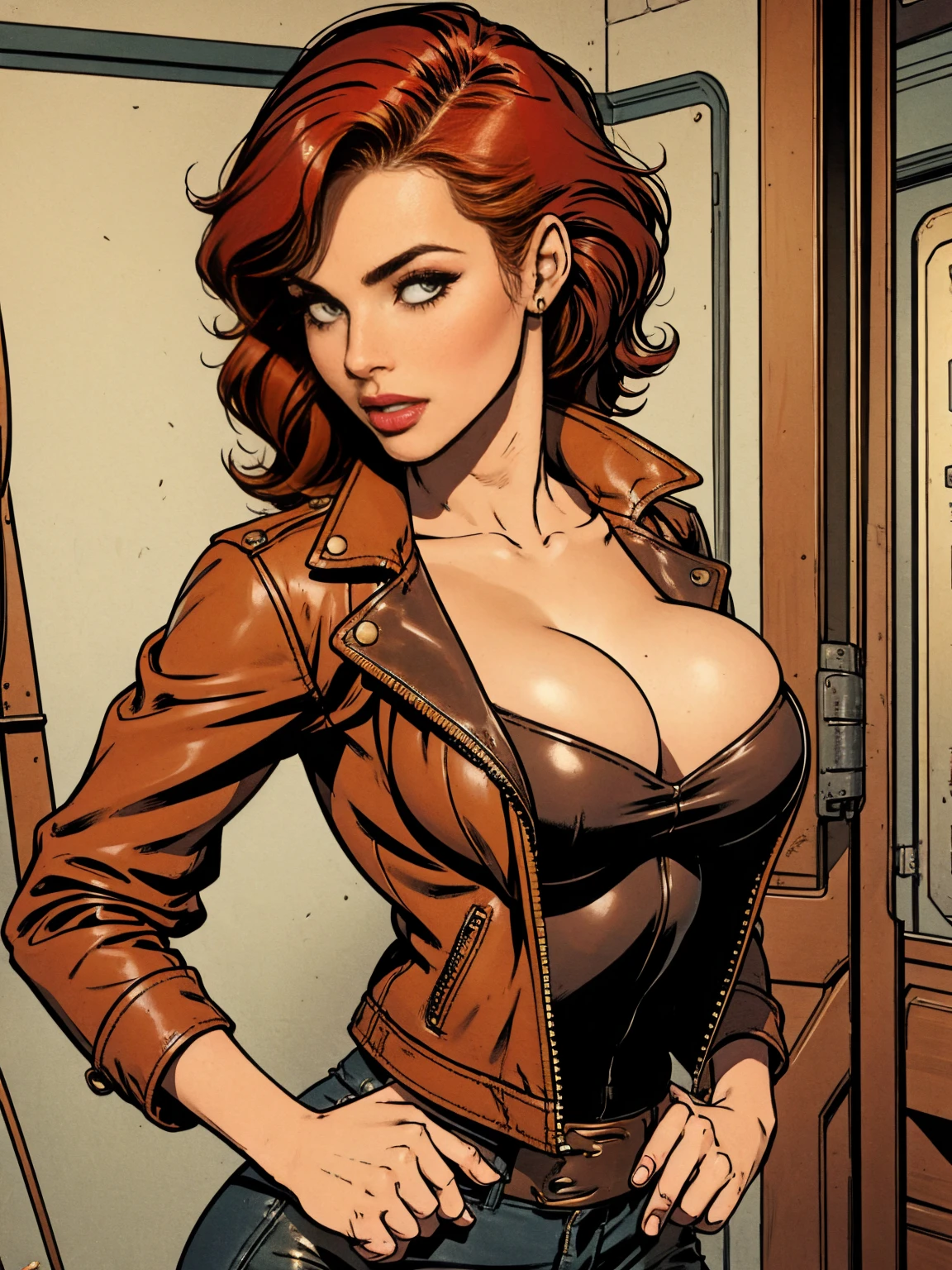 gorgeous woman, vintage pin up, topless, leather jacket, red hair
