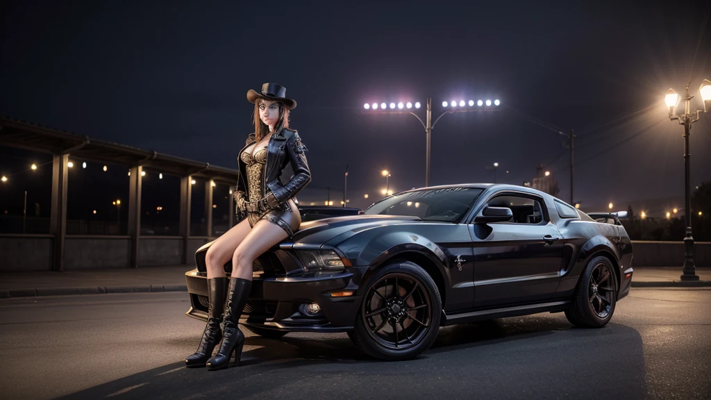 a steampunk car, ford mustang, a steampunk city, a girl, modeling with car, purple eyes, seductive smile, Nikon, Canon, panorama, first-person view, 16k, 8k, highres, best quality, award winning, high quality, high details, super detail, masterpiece, anatomically correct
