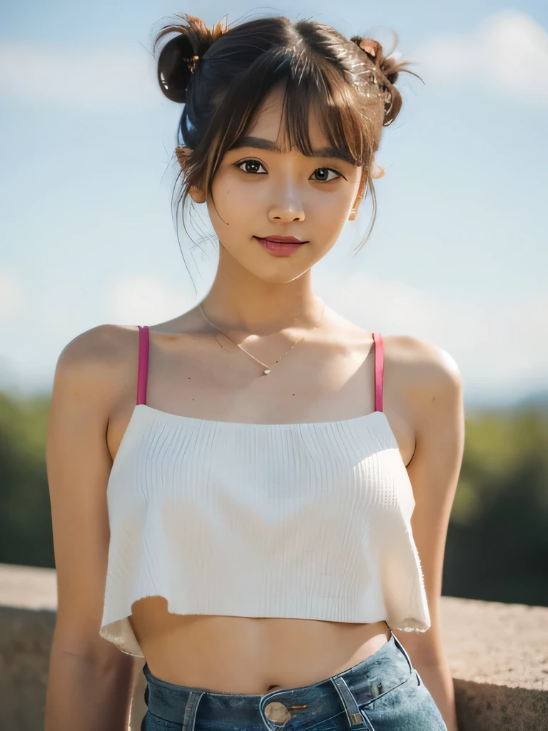 A very beautiful cute japanese girl, , short hair, buns, bangs, sad smile, a lot of ear piercings, Ultra high res, uhd, (photorealistic:1.4), wearing sexy tube top