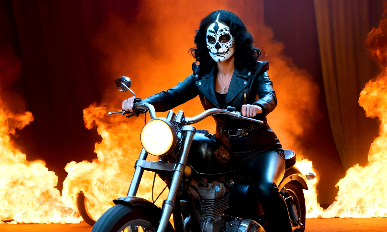 Long view shot photo of a woman with a vintage 70s aesthetic, glowing skull face as her mask, black wavy hair, black leather outfit with intricate detail, at a circus stage, warm tones, faded colors, cinematic, nostalgic feel, candid pose, riding a black motorbike with intricate detail trough a ring of fire, motion blur effect, action shot, Fine art photography style
