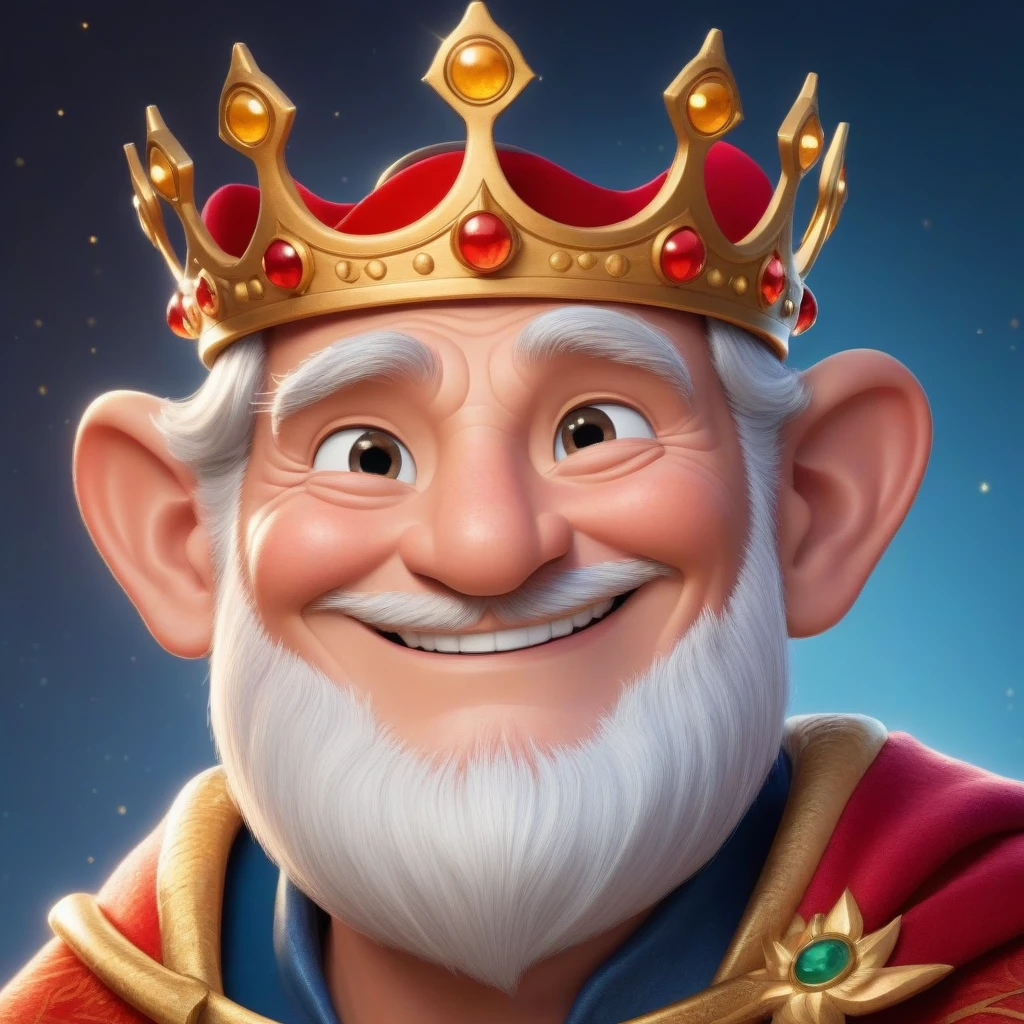 The character is somewhat inspired by Disney Pixar, he wears a crown, smiles, look at me, old man, the character in profile and full face, two images of the same king,