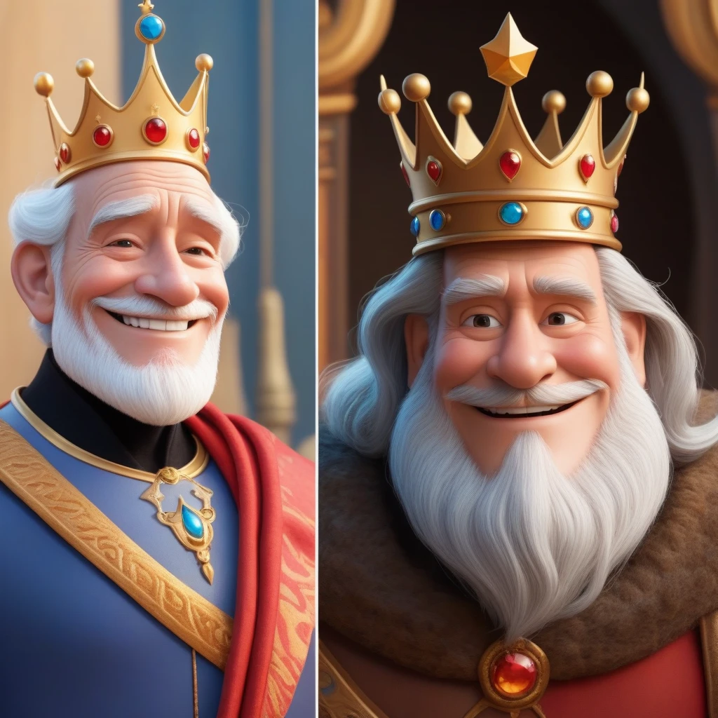 The character is somewhat inspired by Disney Pixar, he wears a crown, smiles, look at me, old man, the character in profile and full face, two images of the same king,