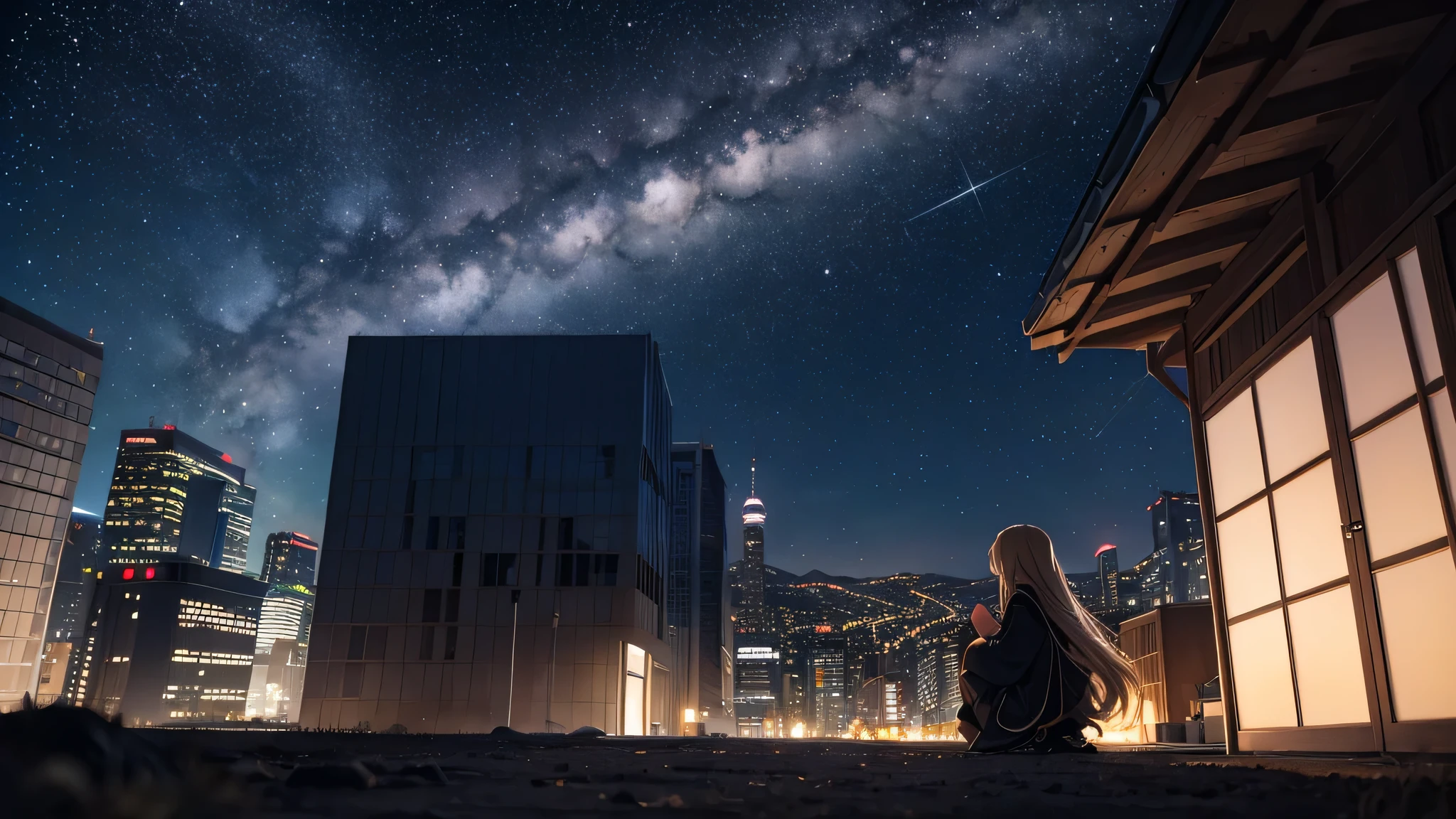 Octane, null, star (null), scenery, starry null, night, One girl, night null, alone, Outdoor, building, cloud, milky way, Sitting, wood, Long Hair, city, silhouette, cityscape  、Blonde、Japan