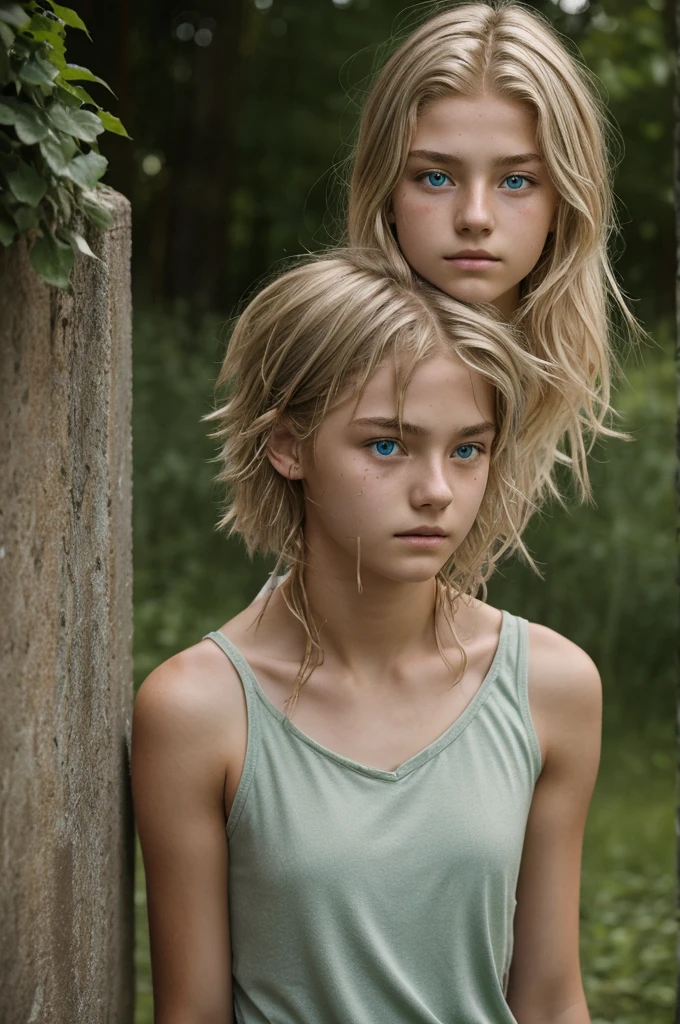 a .
Hair: Ash blonde, short and messyEyes: greens, with an alert and protective lookSkin: Clara, with some  scars on arms and faceFacial features: Young and attractive, with an air of rebellion