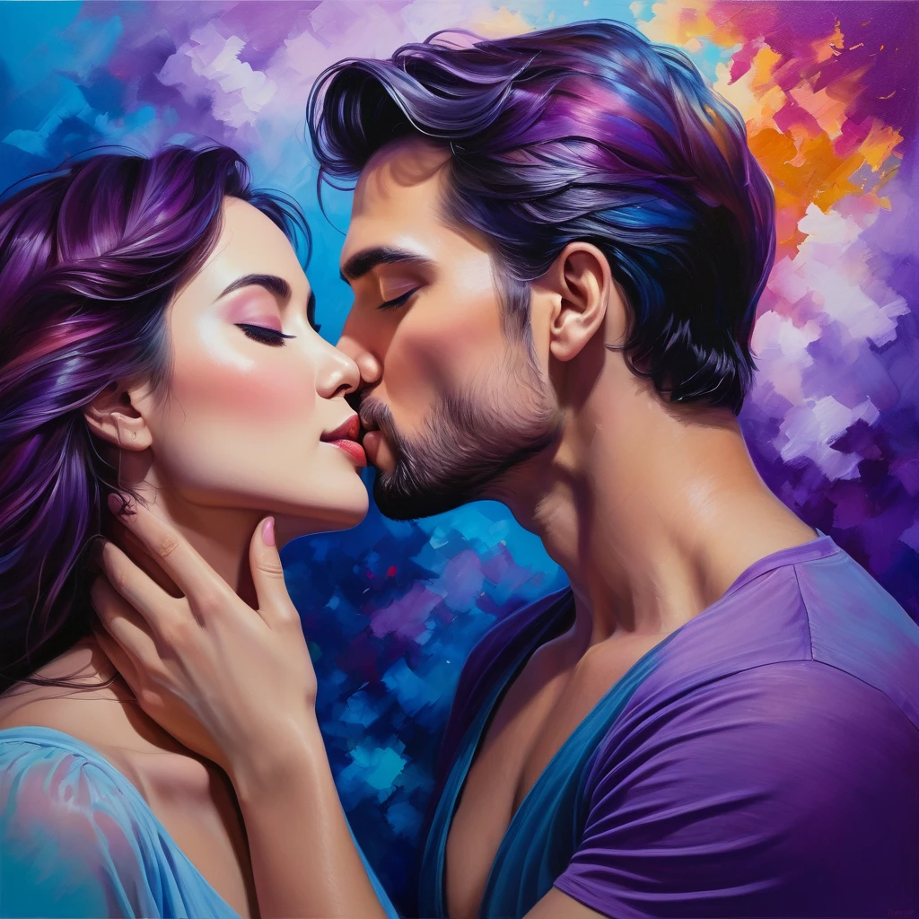 In this image, we see a couple engaged in a passionate kiss in front of a colorful background. The background features shades of blue and purple, creating a dreamy and romantic atmosphere. The couple is depicted in a painting, with the man and woman shown in a close-up as they share this intimate moment. The artwork captures the emotions of love and connection, with the colors and composition enhancing the overall mood. The image conveys a sense of romance and tenderness, evoking feelings of warmth and affection.