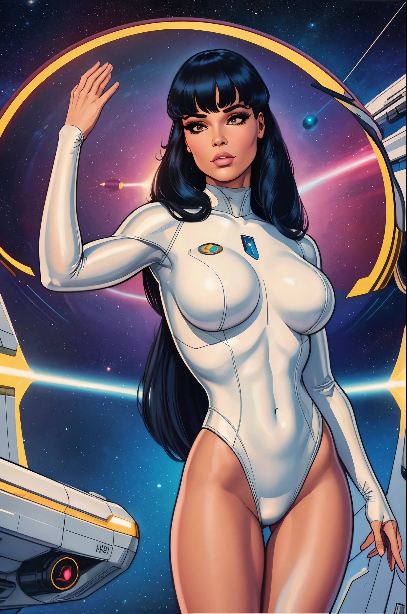 Best quality, 8K, woman space retro futurism, beautiful and detailed face, black straight long hair, bangs,big eyelashes,LOOKING TO observer,TRANSPARENT white leotard,LIGHT TAN pantyhose, sci-fi RETRO SPACESHIP scenario