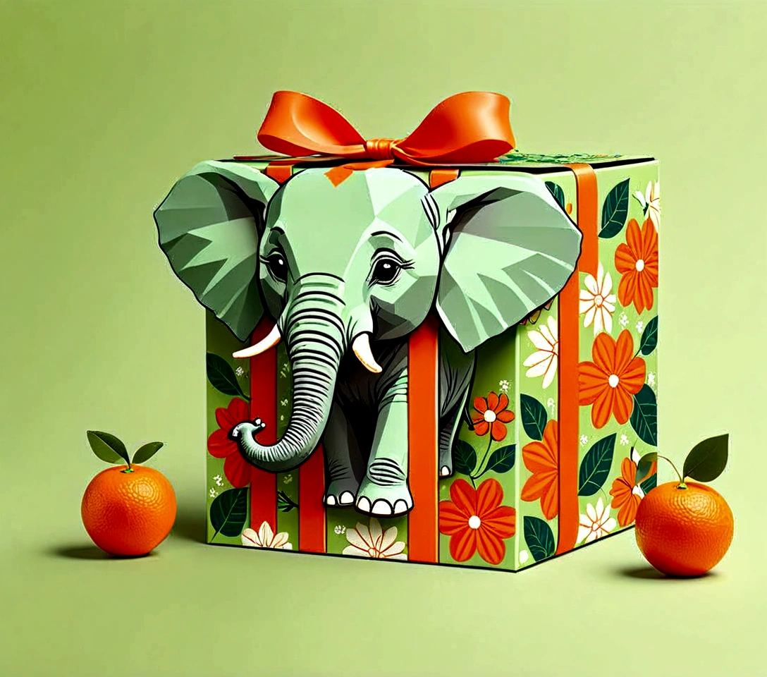Beautifully designed flat rectangular gift box with handle, carrying handle, in the style of English checkered, geometric lines, minimalist, modern, high end, cute, color blocking, floral motifs, a logo of an adorable baby elephant, orange and light green, illustration, cartoon, geometric style, beautifully detailed, flat color vector design style, ...