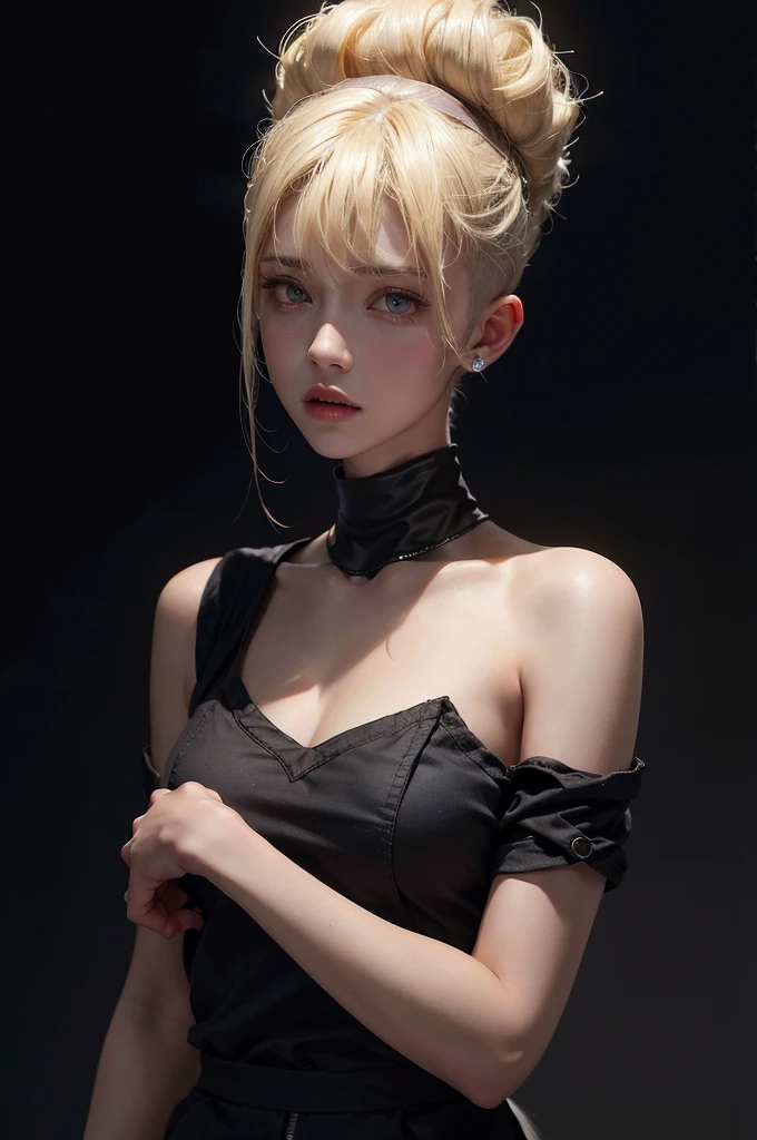 20 year old woman, blonde, (hi-top fade:1.3), dark theme, calm tone, muted colors, high contrast, (natural skin texture, surrealism, soft light, sharp) Big boobs are hot