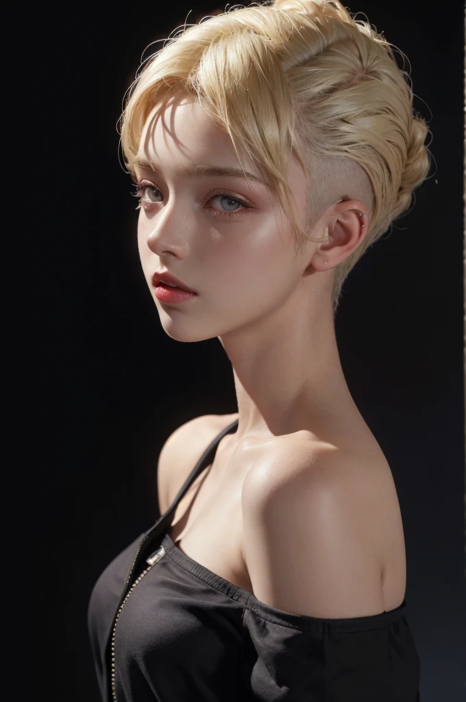 a 20 yo woman, blonde, (hi-top fade:1.3), dark theme, soothing tones, muted colors, high contrast, (natural skin texture, hyperrealism, soft light, sharp)