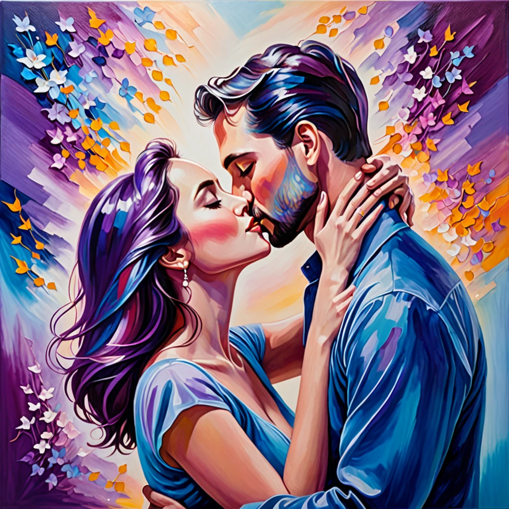 In this image, we see a couple engaged in a passionate kiss in front of a colorful background. The background features shades of blue and purple, creating a dreamy and romantic atmosphere. The couple is depicted in a painting, with the man and woman shown in a close-up as they share this intimate moment. The artwork captures the emotions of love and connection, with the colors and composition enhancing the overall mood. The image conveys a sense of romance and tenderness, evoking feelings of warmth and affection.