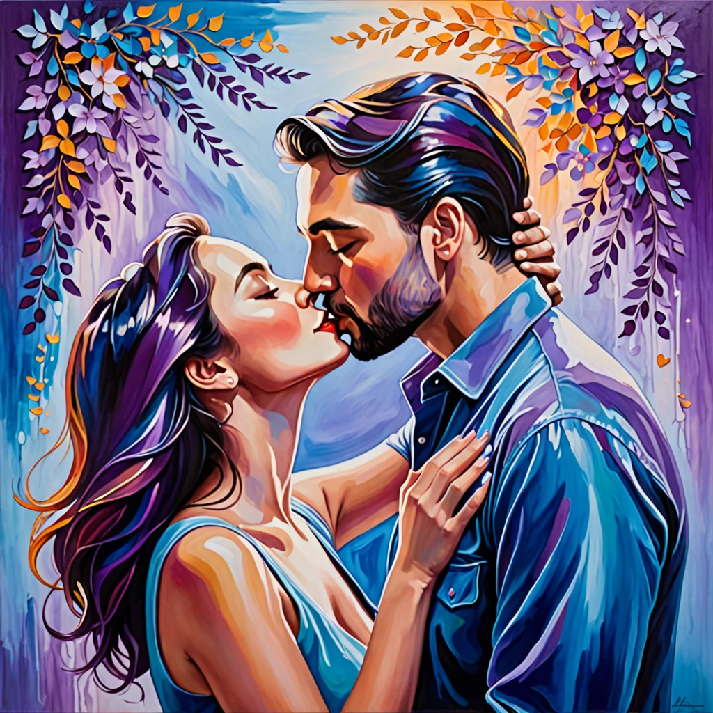 In this image, we see a couple engaged in a passionate kiss in front of a colorful background. The background features shades of blue and purple, creating a dreamy and romantic atmosphere. The couple is depicted in a painting, with the man and woman shown in a close-up as they share this intimate moment. The artwork captures the emotions of love and connection, with the colors and composition enhancing the overall mood. The image conveys a sense of romance and tenderness, evoking feelings of warmth and affection.