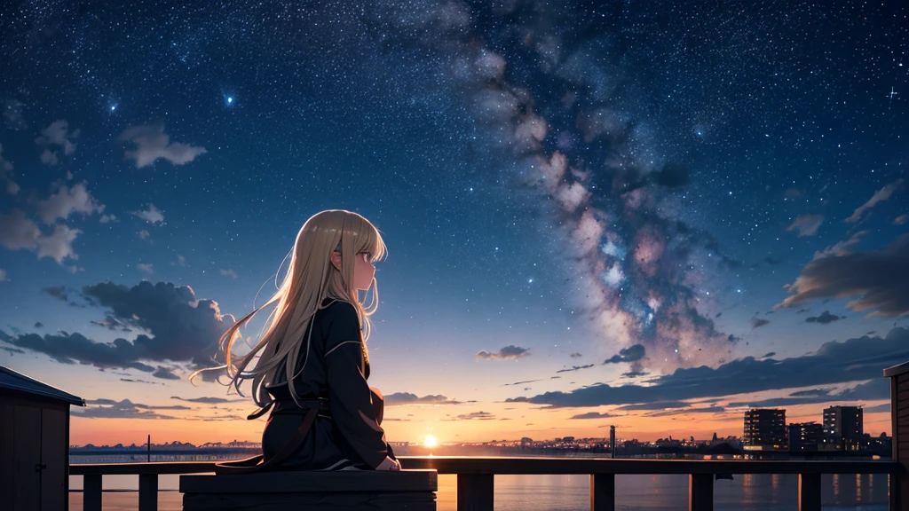 Blonde girl wearing black clothes, sitting on the surface of the moon on her back, looking at the planet Earth in the sky. anime style, Makoto Shinkai style, "Kimi no Na wa" ("Your Name"), long wavy blonde hair, with a contemplative look on his face, black and elegant clothes with subtle details. The surface of the moon should be depicted with smooth craters and interesting textures. Planet Earth should be seen in the sky, with its realistic size and appearance. The scenery should convey a sense of beauty, loneliness and wonder. --auto --s2
