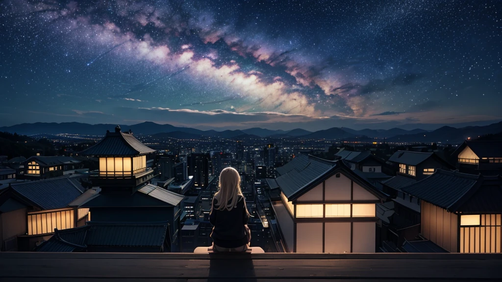 Octane, null, star (null), scenery, starry null, night, One girl, night null, alone, Outdoor, building, cloud, milky way, Sitting, wood, Long Hair, city, silhouette, cityscape 、Blonde、Japan、Ghibli