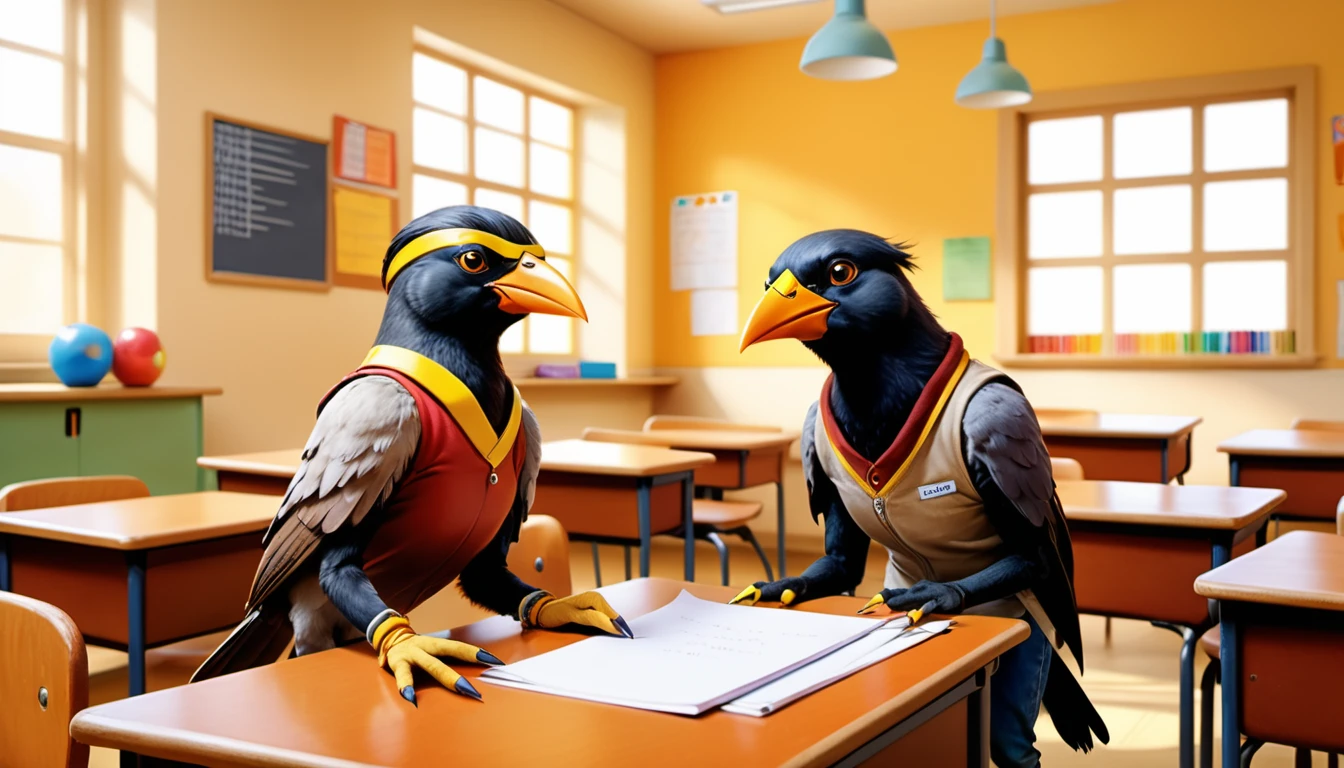 (photo film style), anthropomorphic, cute mynah bird, colorful , school classroom, getting advice from teacher, (((studying))), 2D, colorful, warm atmosphere, shiny, Jean-Baptiste Monge style, Alan Lee style