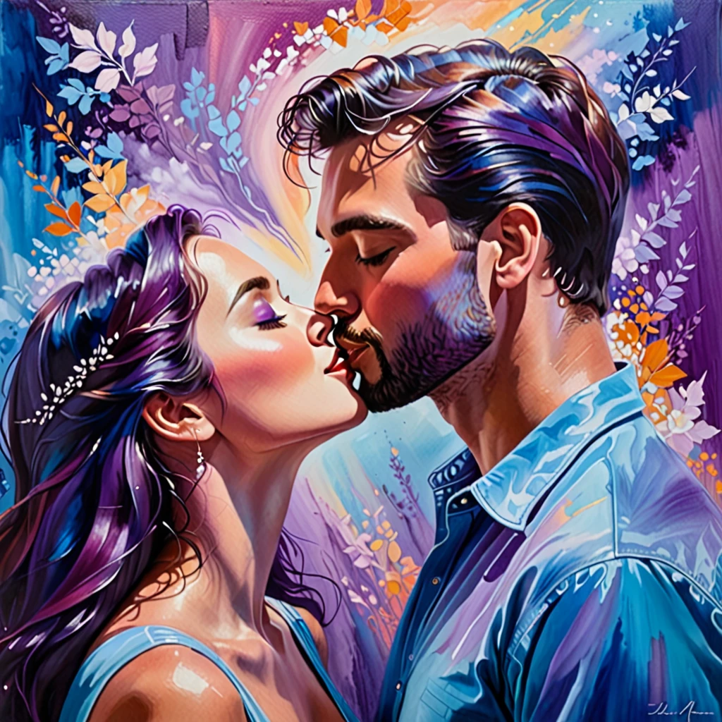 In this image, we see a couple engaged in a passionate kiss in front of a colorful background. The background features shades of blue and purple, creating a dreamy and romantic atmosphere. The couple is depicted in a painting, with the man and woman shown in a close-up as they share this intimate moment. The artwork captures the emotions of love and connection, with the colors and composition enhancing the overall mood. The image conveys a sense of romance and tenderness, evoking feelings of warmth and affection.