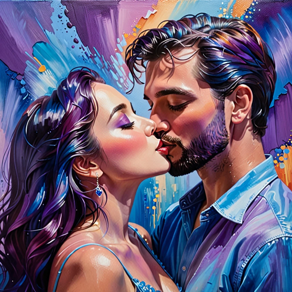 In this image, we see a couple engaged in a passionate kiss in front of a colorful background. The background features shades of blue and purple, creating a dreamy and romantic atmosphere. The couple is depicted in a painting, with the man and woman shown in a close-up as they share this intimate moment. The artwork captures the emotions of love and connection, with the colors and composition enhancing the overall mood. The image conveys a sense of romance and tenderness, evoking feelings of warmth and affection.