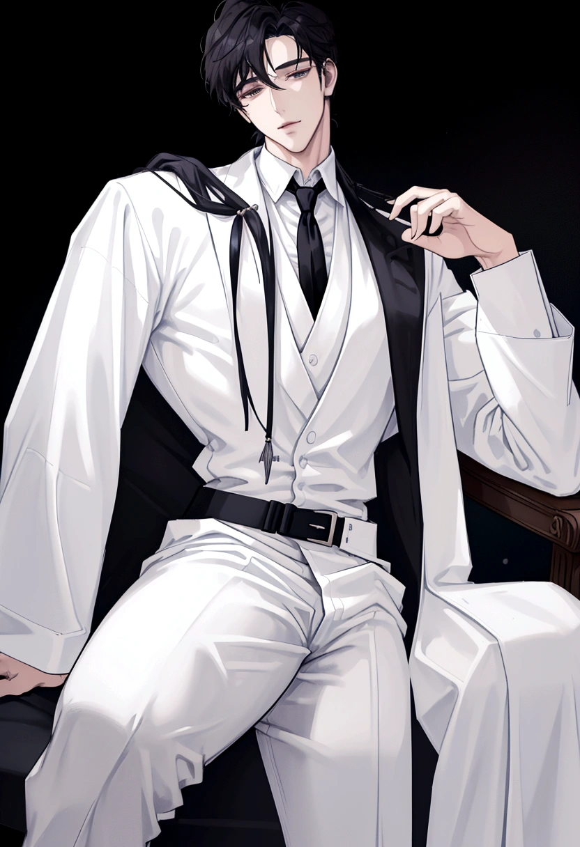 A man in white shirt and black tie sitting on a chair, big chest, milkman, anime handsome man, handsome anime pose, ((wearing aristocrat robe)), in white clothes, wearing white silk, clothed in white shirt, open v chest clothes, black-white skintight robes!, white suit and black tie, highly detailed exquisite fanart