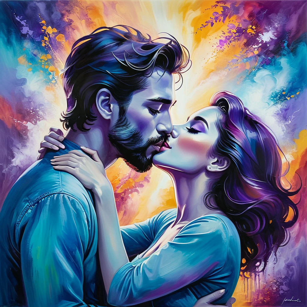 In this image, we see a couple engaged in a passionate kiss in front of a colorful background. The background features shades of blue and purple, creating a dreamy and romantic atmosphere. The couple is depicted in a painting, with the man and woman shown in a close-up as they share this intimate moment. The artwork captures the emotions of love and connection, with the colors and composition enhancing the overall mood. The image conveys a sense of romance and tenderness, evoking feelings of warmth and affection.