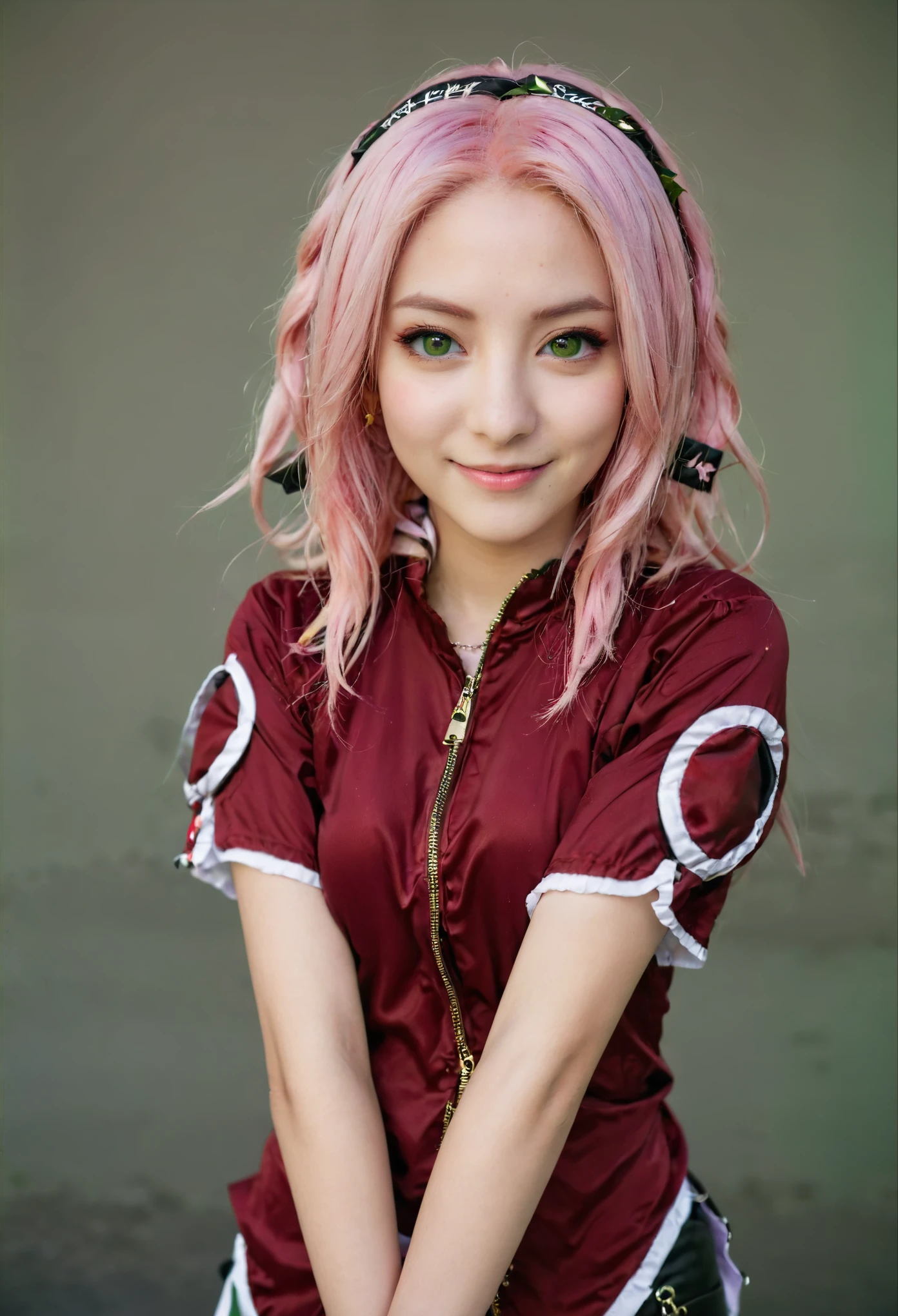 anime - style girl with pink hair posing for a picture, green eyes, haruno sakura, sakura haruno, anime girl cosplay, sakura haruno in slug sage mode, anime cosplay, anime girl in real life, (highly detailed face:1.4) (smile:0.7) (background inside dark, moody, private study:1.3) POV, by lee jeffries, nikon d850, film stock photograph ,4 kodak portra 400 ,camera f1.6 lens ,rich colors ,hyper realistic ,lifelike texture, dramatic lighting , cinestill 800