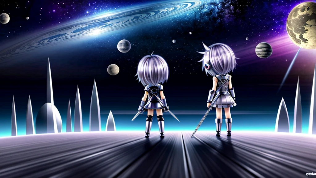 wallpaper、Chibi Robo、Female type、back、alone、Silver hair color、universe、Different world、Chibi Chara