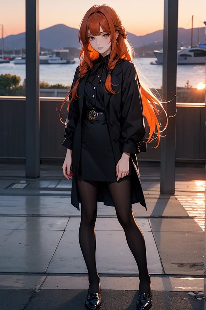 Anime image of a serious white girl with very long hair in a Greek braid hairstyle with straight, straight reddish-orange bangs and sunset-orange-reddish eyes, wearing a formal black  with black full-coverage tights with black shoes in a fancy old school 