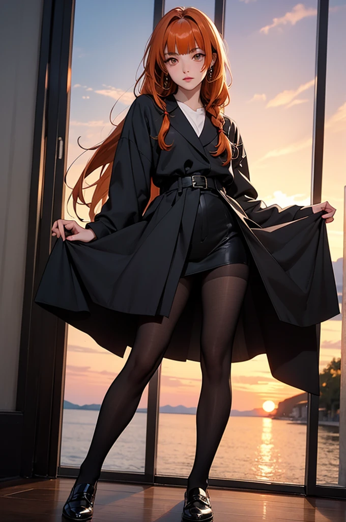 Anime image of a serious white girl with very long hair in a Greek braid hairstyle with straight, straight reddish-orange bangs and sunset-orange-reddish eyes, wearing a formal black with black full-coverage tights with black shoes in a fancy old school