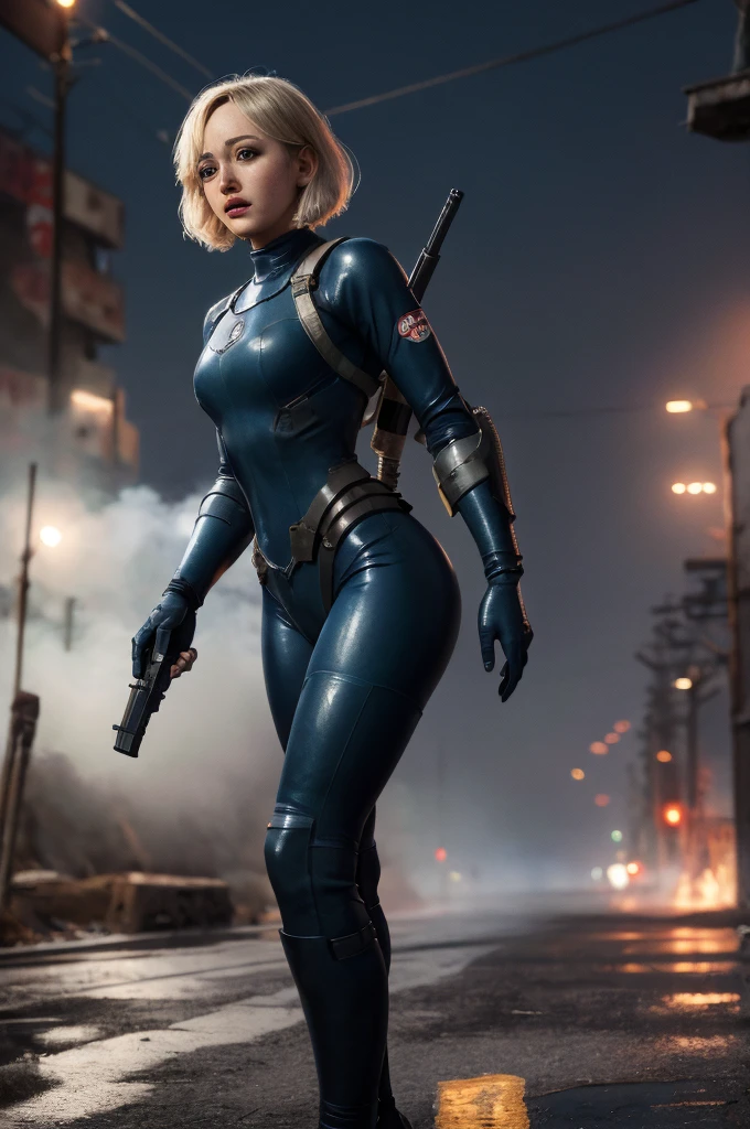 Ella Purnell, "Lucy" Fallout,, post-apocalypse, fog, light particles, (best quality, masterpiece, bokeh, highres), fallout 4, 1girl, blue vaultsuit, VaultGirl, blonde hair, narrowed eyes, short hair, without pipboy3000, leather armored, walking, holding gun, closed mouth, looking to the side, lake, nuka cola, radiation symbol, more grainy
