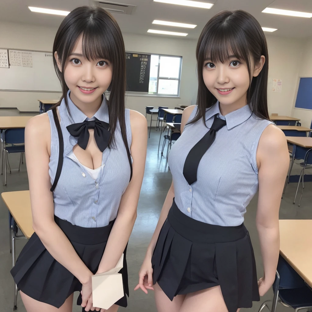 （high school girl、Checked micro mini skirt、Sleeveless、tie、Ass、Black Hair、Big Ass、School classroom）、Extremely sexy、smile、Professional Lighting、Small waist、Beautiful adult woman、Captivating thighs、Very large breasts、Cleavage、Are standing