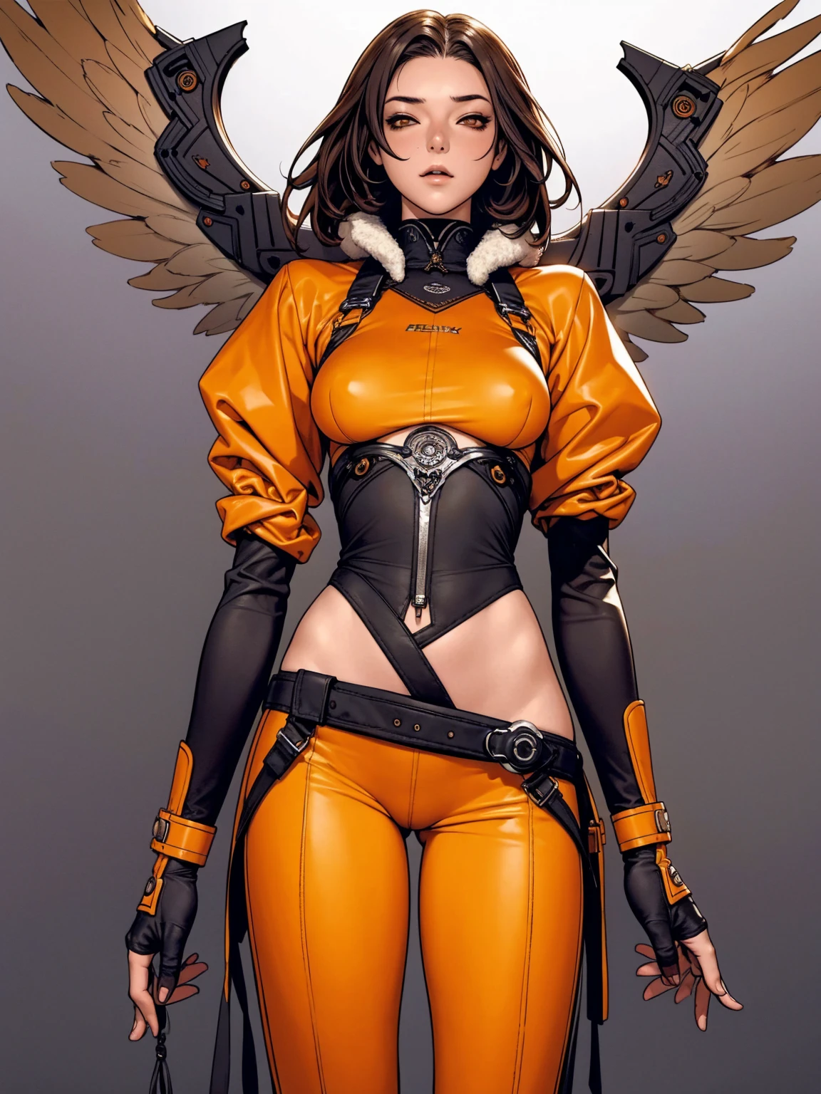 (((Yellow skin))), (((back view))), (((phoenix tattoo on back))), (((Yellow suit))), (((perfect ass))), (((best qualityer: 1.4))), (((Afro))), (((DuneWalker))), (((post-apocalypse))), (Unbeatable masterpiece), (hiper HD),(CG 8k hyper-realistic), (((breasts big))), (((hyper feminine))), sensuous girl, (bob hair with straight bangs), ((( sculptural body ))), (((1 girl))), 20 year anime girl with perfect body, Beautiful and well-groomed face, slanted eyes, muscular body:1.2, costume with textured details in pixel art, (Head to thigh photos),modern samurai pants, Complex equipment,Tight, dark clothes,With white stars and white stripes, Metal parts in armor, afro girl, (((standing alone))), pirralha violent, (((14歳))), sensuous, pose de atitude, work of art, post-apocalypse, (((manga style))), Bounty Hunter, violent, Manic, the way you want, slenderbody, thin but strong, perfectbody, roupa moderna, Advanced technology, short shorts with checkered pattern in red and black, fur collar jacket, sleeves with vertical striped pattern, neutral background