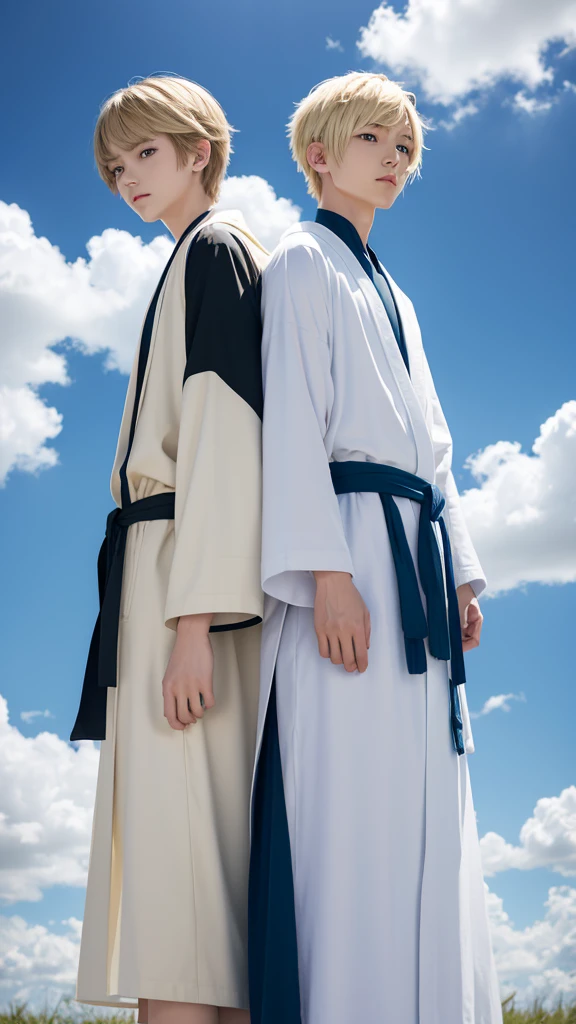 Young Ren and young Minato、Scene of standing on white clouds in a blue sky。Behind them is blue々The clear sky background spreads out.。Len has short black hair and green eyes.、Wearing casual adventure clothing。Minato has short blonde hair and blue eyes.、Wearing a white robe。