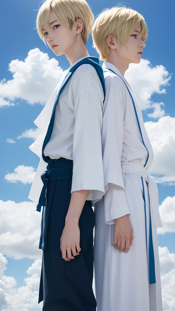 Young Ren and young Minato、Scene of standing on white clouds in a blue sky。Behind them is blue々The clear sky background spreads out.。Len has short black hair and green eyes.、Wearing casual adventure clothing。Minato has short blonde hair and blue eyes.、Wearing a white robe。