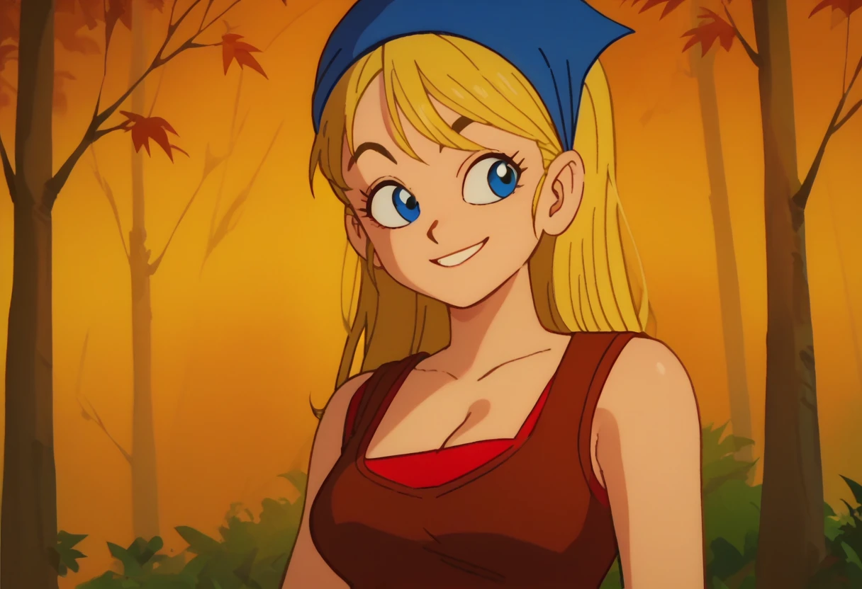 anime screencap,drgbls1,1girl,solo, yellow eyes,score_9, score_8_up, score_7_up, score_6_up, forest, upper body, lindsaytd,  blue eyes, blonde hair, long hair, blue bandana, cleavage, red undershirt, brown tank top, smile
