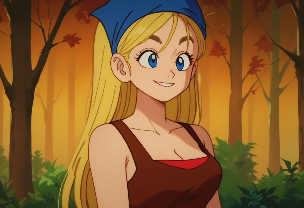 anime screencap,drgbls1,1girl,solo, yellow eyes,score_9, score_8_up, score_7_up, score_6_up, forest, upper body, lindsaytd,  blue eyes, blonde hair, long hair, blue bandana, cleavage, red undershirt, brown tank top, smile
