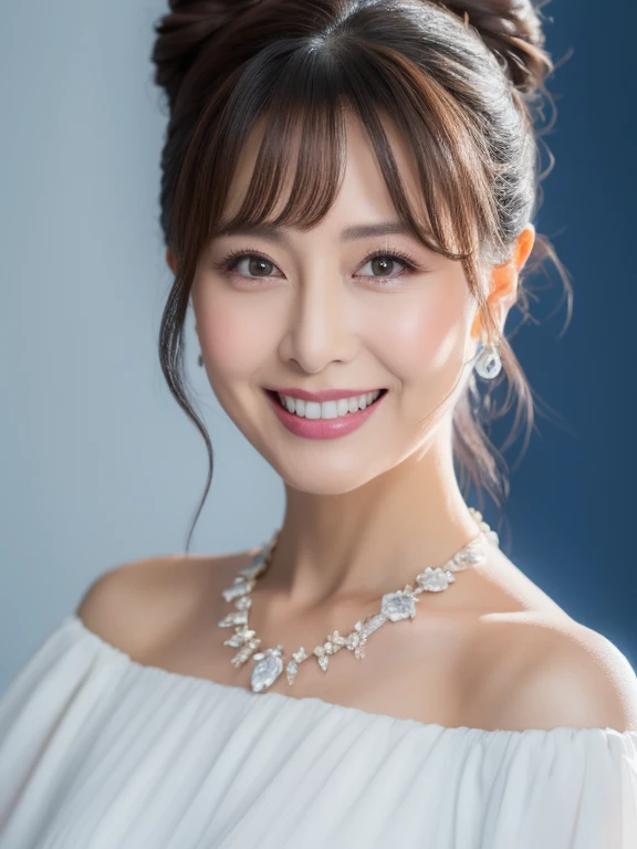 (Solo:1.3),8K, Best quality, Masterpiece, Realistic, Super detail, f/1.2, 85mm, Nikon, Smiling woman with bun hair, Natural makeup, 65 years old beautiful asian woman, young face, blue off-shoulder tops white dress，wedding style, Ruffled sleeves, Diamond pendant necklace, Emphasize chest, waist shot,