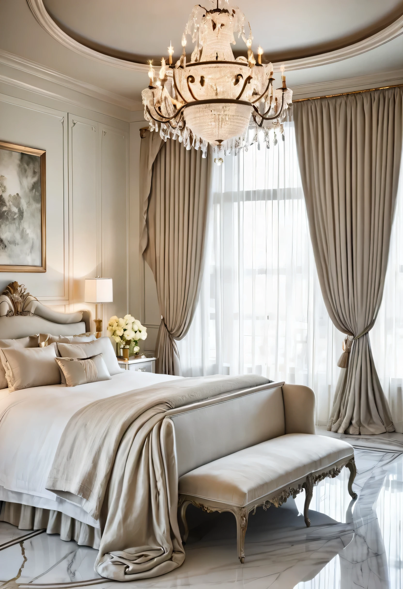 A luxurious bedroom, awash in a soft, ethereal glow, exudes an air of refined elegance. The grand bed, draped in plush linens and accented with a dramatic headboard, invites restful slumber. The intricate details of the room's design, from the ornate chandelier to the marble flooring, create a sense of timeless sophistication.