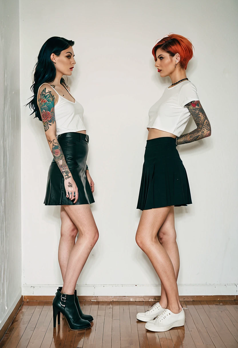 two women in short skirts standing next to each other in a room with a wall and a white wall, transgressive arti, a tattoo, fully clothed