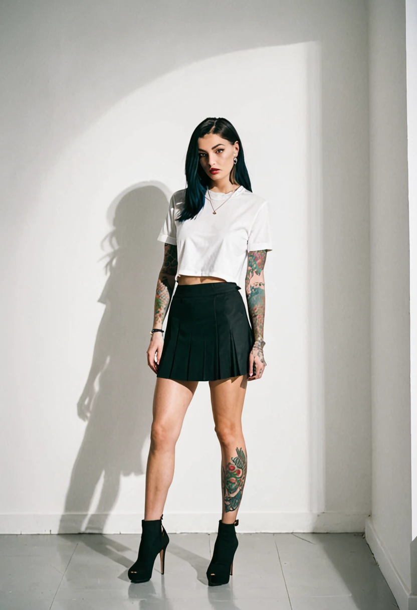 two women in short skirts standing next to each other in a room with a wall and a white wall, transgressive arti, a tattoo, fully clothed