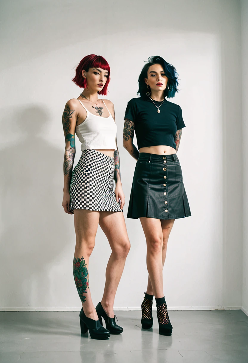 two women in short skirts standing next to each other in a room with a wall and a white wall, transgressive arti, a tattoo, fully clothed