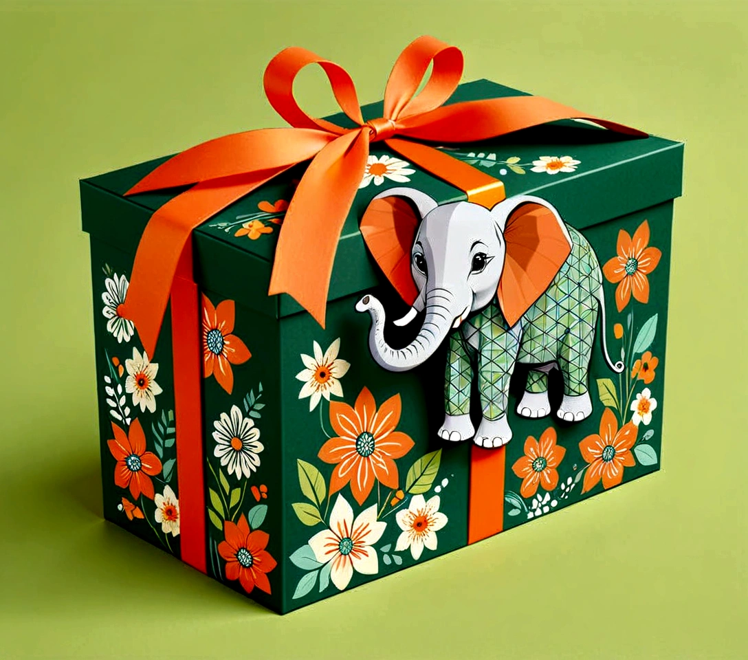 Beautifully designed flat rectangular gift box with handle, carrying handle, stylized in English check pattern, flourishing flowers, a logo of a cute little elephant, geometric lines, minimalist, modern, high end, cute, color blocking, floral pattern, orange and green, illustration, cartoon, geometric style, beautifully detailed, flat color vector design style,...