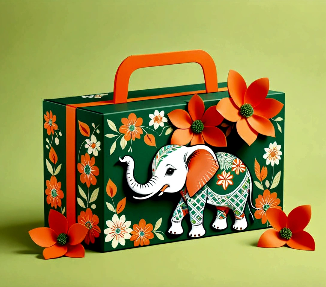 Beautifully designed flat rectangular gift box with handle, carrying handle, stylized in English check pattern, flourishing flowers, a logo of a cute little elephant, geometric lines, minimalist, modern, high end, cute, color blocking, floral pattern, orange and green, illustration, cartoon, geometric style, beautifully detailed, flat color vector design style,...