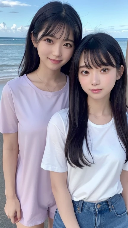 ((2 peopleの美女))、(((2 peopleの女の子))),((2 peopleで頬を寄せる)),((masterpiece)),((Highest quality)),((8K)),((Ultra high definition)),((high resolution)),((detailed)),((Perfect body)),((Perfect Face)),((2 peopleの美女))、((2 people))、21 years old、Standing side by side、Shiny Hair、Slanted Eyes、Glowing Skin、Very white skin、Glowing Skin、Jet Black Hair、Heavy makeup、Natural brown hair、ponytail、2 peopleで立つ、Bend over and peer at me、sunny、blue sky、smile、Smile with your mouth closed、Light clothing、A cute short-sleeved top in pastel purple、Black shorts、field、Big eyes、Looking up、summer、Tropical seaside、A good friend、