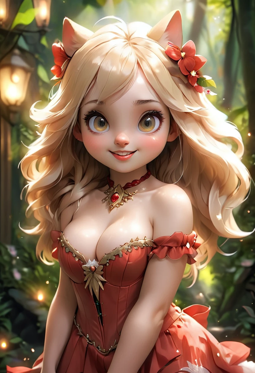 the overall theme and style should feel like. a hybrid of fairytale and Science Fiction. extremely beautiful model, female, long blonde hair, perky breasts, cleavage,, oppulentform fitting hooped skirt, red corset, large exagerated extravagant tiara. Wide Smile, Eyes Detailed & Wide, sexy Pose. Ultra HD, Rococo-Inspired Fantasy Art With Intricate Details. Cute, Charming Expression, Alluring-Gaze, looking at viewer Beautiful Eyes, An-Ideal-Figure. Large Youthful Well-Shaped-Breasts, Attractive ass showcased. Massive-Round-Bosom, Décolletage. slim waist, fit body, full lipsWarm lights , woman in a dreamy forest at night, with fluffy hair, delicate face, realistic, real, slim, large aperture, sexy shots, attractive poses,Stunnin gly beautiful merge of , Alison Brie, Scarlett Johanson, Dove Cameron. symmetrical face, photorealistic, photography, path tracing, specular lighting, volumetric face light, path traced hairmaximum quality{(masutepiece) (8K High Resolution) (top-quality)
